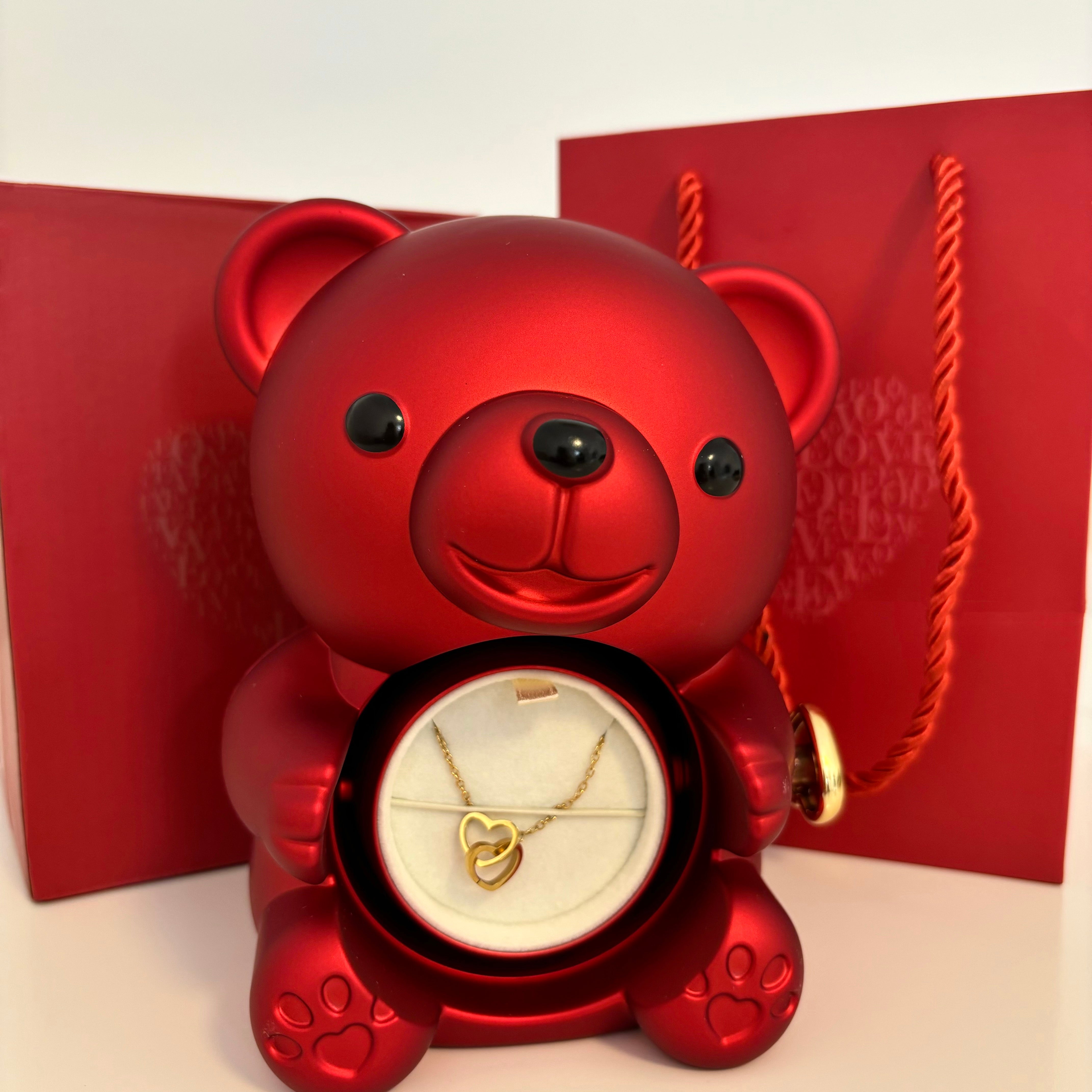 Teddybär-Box mit gravierter Halskette und ewiger Rose